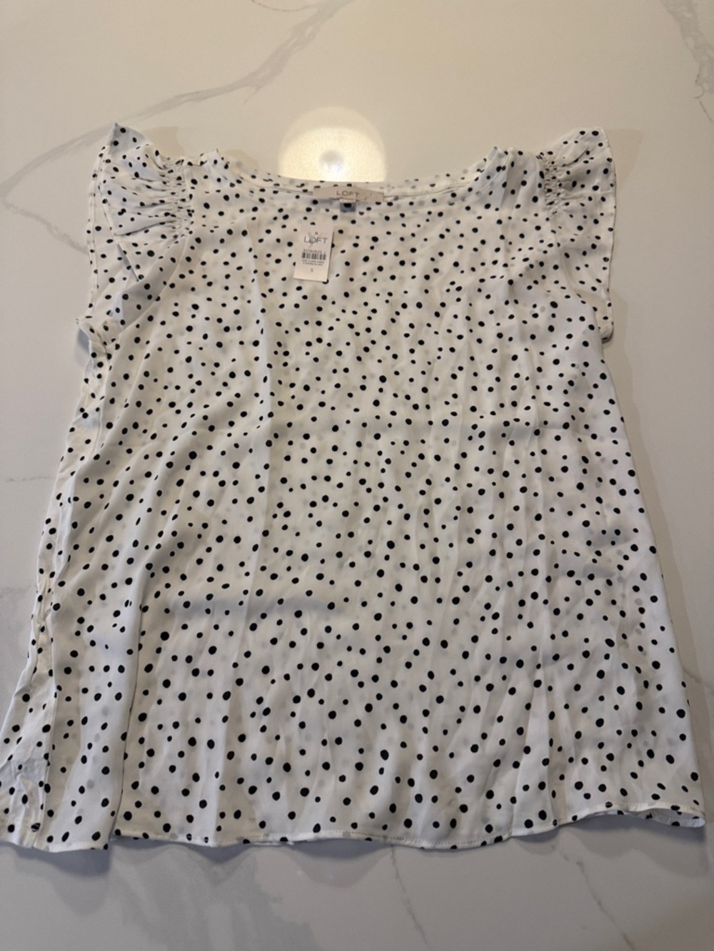 LOFT White Top with Black Polka Dots and Flutter Sleeves
